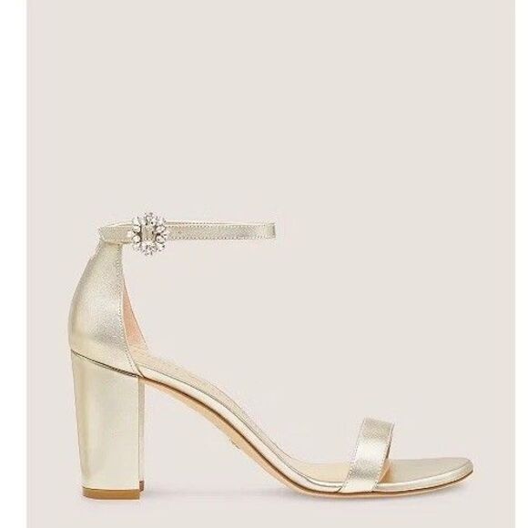 Stuart Weitzman Nearlynude Gem Buckle Sandal Block Heel Size 8.5 B Gold Formal - Picture 1 of 10